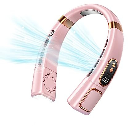 Neck Fan, 3000mAh Portable Neck Fan Rechargeable, USB Wearable Hand-free Fan with 5 Speeds, Ice Tiles, Light, LED Display Personal Cooling Neck Fan, Bladeless Hanging Neck Fan for Women Men (Pink)