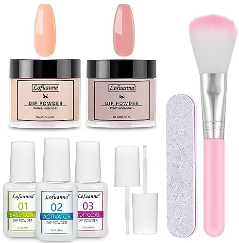 lofuanna Lofuanna Dip Pulver Nagel Starter Kit,2 Colors Dipping Powder mit Base/Top Coat/Activator,9Pcs Dip Puder System Keine Nagellampe Erforderlich für DIY Dip Maniküre Set (Nude Set)