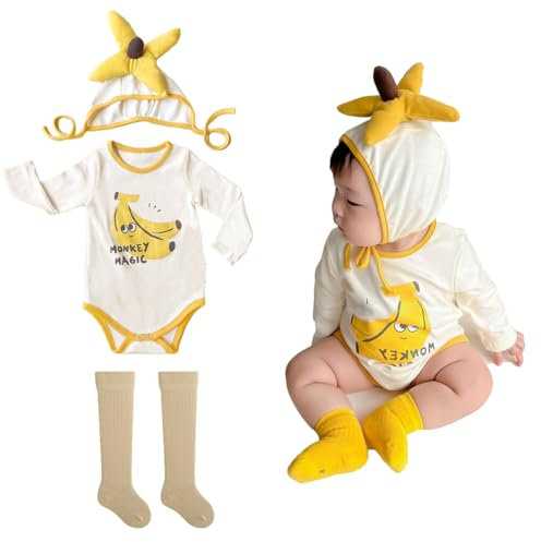 DUDUFUN Unisex Baby Jungen Mädchen Roman Einzigartig Cosplay Banane Baby Bodysuits Bodys Voller Ärmel+Hut +Über Knie Socken,73