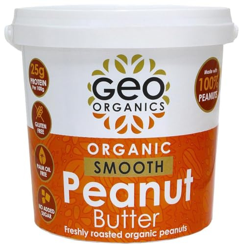 Geo Organics Smooth Peanut Butter 1kg Tub (1pk) -Made with 100% Organic Roasted Peanuts -Natural, No Palm Oil, No Added Sugar, No Salt, Hi-Oleic Peanuts, High Protein, Gluten Free, Vegan, Dairy Free