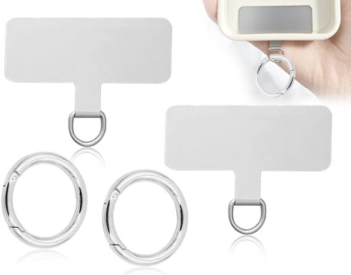 KAPSING Parche para Cordón para Teléfono, Paquete de 2 Almohadillas para Cadena para Teléfono Móvil y 2 Cierres de Anillo de Resorte, Gancho Universal para Cordón para Funda (Plata)
