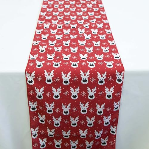 Christmas Table Runner - Perfect for Xmas Parties Event Decor Table Linen Cotton Fabric Tableware Holly Merry (Rudolf Red/White)