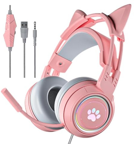 Xmenha SY-G25 Pink Gaming Headset with Mic, Wired, Over Ear, Cat Ear Design, Light Up, Noise Cancelling, 50mm Drivers, 3D Spatial Sound, 360° Rotatable Mic, Multi-Platform Compatible