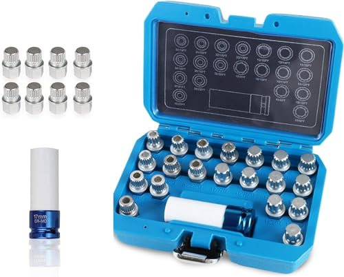 Angchun 21PCS Wheel Lock Lug Nut Removal Kit, Automotive Wheel Anti-Theft Lock Lug Nut Screw Remover Key Socket Tool Set with 1/2 inch (12.7mm) Socket Adapter Compatible for BMW & Mini Series