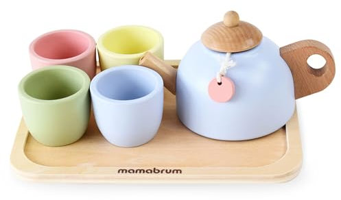 Mamabrum Service à Thé en Bois - Ensemble 7 Pièces avec Théière, 4 Tasses, Plateau, Sachet de Thé - Jeu de Rôle Éducatif 3+ Ans - Jouet Cuisine Bois Non Toxique