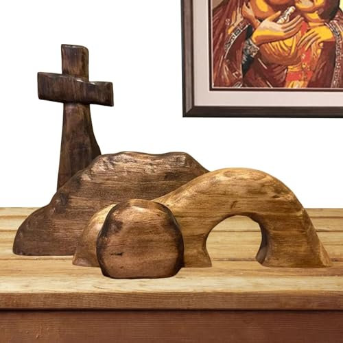 Osterkrippe Holz | Osterszene Holz Deko | Leeres Grab Osterszene Holzkreuz Set | Jesus Krippe Szene Dekorationen | Osterszene Leere Grab Tisch Dekoration | Kreuz Dekoration Jesus Grab Ostern Tablett