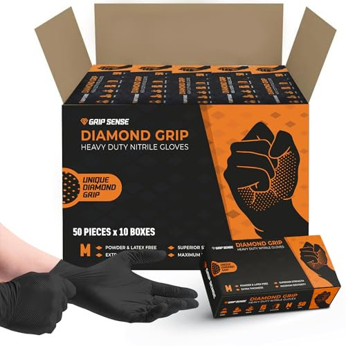 GripSense Nitrile Gloves (10 Packs of 50) - High Density Diamond Grip Black Gloves - Latex & Powder Free Black Nitrile Gloves Medium - Mechanic Gloves Extra Thick & Super Strong - Max Dexterity L5
