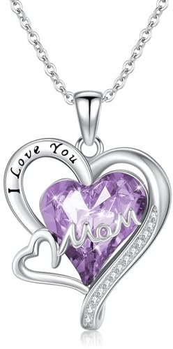 Waysles Mutter Herz Halskette 925 Sterling Silber Lila Herz Kristalle Anhänger Mom Halskette Ich liebe Dich Mama Schmuck Geschenke für Damen Mädchen Kinder