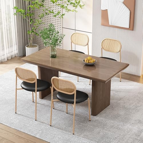 Merax Esszimmerstühle 4er set, Moderner Küchenstühle mit Rattan Rückenlehne, Essstühle mit vier Stützbeinen aus Metall, PU, Schwarz