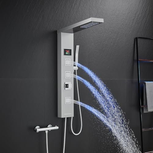 KINKIBOS Panneau de douche LED sans robinet, panneau de douche 4 fonctions avec douche à effet pluie, 3 buses de massage, douchette à main et bec de baignoire, colonne de douche en acier inoxydable