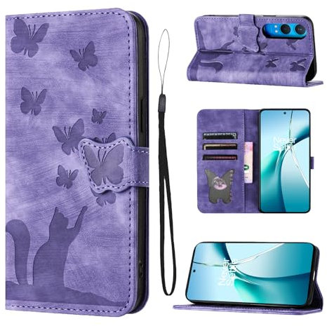 LSPCASA Carcasa para OnePlus Nord CE4 Lite 5G 6.67 Pulgadas Material De Piel Sintética Funda OnePlus Nord CE4 Lite 5G con Ranuras para Tarjetas Patrón De Mariposa De Gato Fundas Púrpura