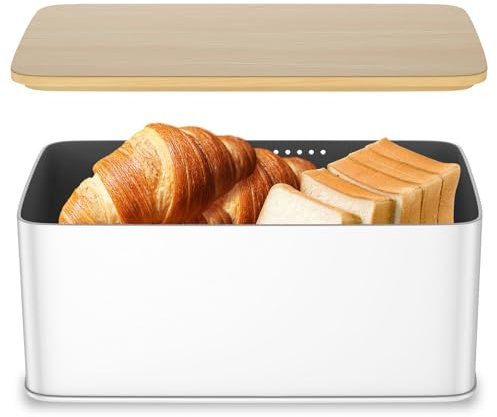 Alongen Bread Box with Bamboo Lid,Usable as Cutting Board Metal Bread Bin Rectangular Bread Holder Large Bread Storage Container Bread Storage Holder to Extend Freshness for Kitchen Countertop(white)