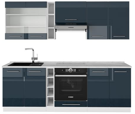 Vicco Küchenzeile Fame-Line, Dunkelblau Hochglanz/Weiß, 235 cm, AP Marmor