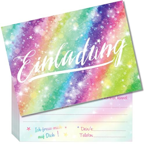 Hierein 12x Glitzer Regenbogen Einladungskarten Kindergeburtstag Mädchen, Einladung Regenbogen Kinderparty Einladungskarten Mädchen, Stylishe Einladungskarten Geburtstag für Mädchen Kinder Jedes Alter