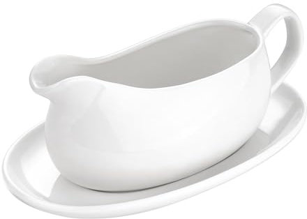 SAROAD Saucière et Soucoupe 14 Oz, Saucière en Céramique avec Plateau pour Vinaigrettes, Lait, Sauces Chauffantes, Crème, Bouillon, Blanc, Installation Facile