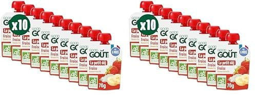 GOOD GOÛT - Petit Déj Fraise - Gourde Pour Bébé - Dès 6 Mois - Format Nomade - Sans Sucres Ajoutés - 10x70g (Lot de 2)