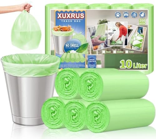 XUXRUS Organic Bin Liners, 10 L, Small Bin Bags, Compostable Bin Liners, Green Food Waste Bags, Pack of 200