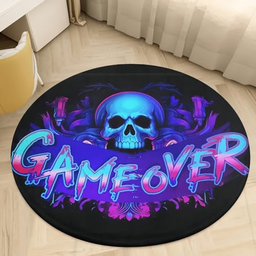 PEIHUODAN Runder Teppich für Spielekonsolen, Wohnzimmerteppich mit Neon Totenkopf Gamepad Teppich für Jungen Gamingstühle Gamecontroller Gamer Runde Gaming Teppich für Kinderzimmer (Blau,90 cm)