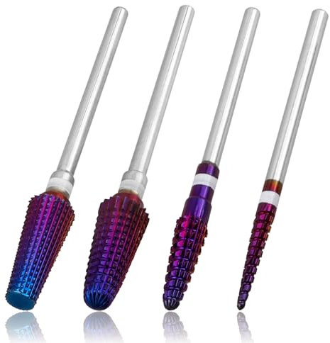 Mesee 4 Stück 5 in 1 Nagelfräser Bits, Wolframcarbid Nail Bohrer Bit Set, 2,35mm Schaft Nagelbohrer Set, Nagelfräser Aufsätze Professioneller für Maniküre Pediküre Nagelpflege Lila, M、M、F、F