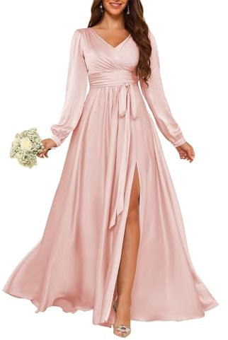 HPPEE Satin Blush Pink Bridesmaid Dresses Long Sleeve A Line V Neck Formal Gown Wedding Guest Dress for Women UK8