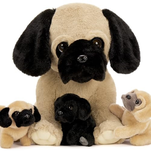 MorisMos 35cm hoch sitzend riesen Mops Hund Kuscheltier XXL mit 3 welpen im Bauch, 4 stücke mops Plüschtier Set,Plüschmops Stofftier pugteddy Geschenk für Kinder Mädchen