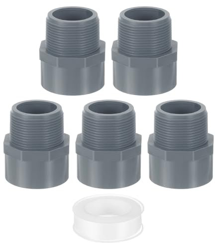 QUARKZMAN 5Pcs 50mm Adaptador Macho de PVC para Tubería, Conectores de Tubería de PVC de de 2 Vías con Cinta Selladora (Socket x Rosca de Tubería Macho) de Plomería (Gris)