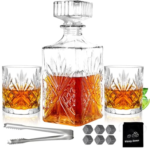Whiskey Decanter Set for Men 2pcs Whisky Glasses and 1pcs Glass Decanter Bottle with Cooling Stones Clear Whisky Liquor Decanter Set for Bourbon Rum Fathers'Gift