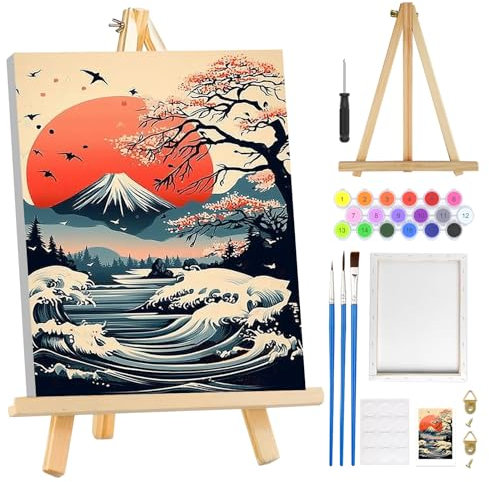 MOGTAA Grande Vague Peinture Numero Enfant Adulte avec Cadre, Paysage Peinture par Numero Adulte avec Chevalet, DIY Numéro d'Art Kits, Loisirs Créatifs Adultes, pour décoration, 20x30cm