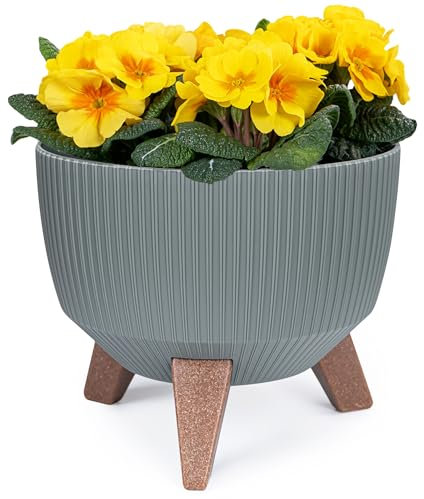 KONZEPT Pflanzschale Groß 24cm Graugrün, Blumentopf mit Füßen, wetterfest & UV-beständig, mit Wasserabfluss-Einsatz, Übertopf für Innen & Außen