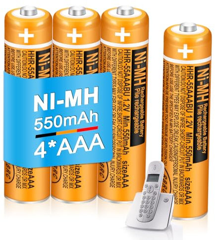 4 Pack 550mAh 1.2V AAA Rechargeable Batteries HHR-55AAABU NI-MH for Panasonic Handsets Replacement Battery for BT Gigaset Cordless Phones Home Office Daily Use