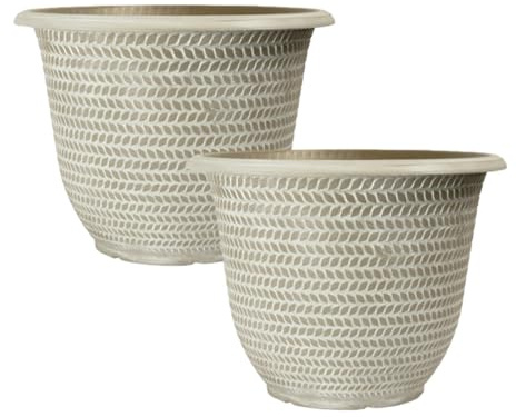 Round Plastic Plant Pot 30cm,12inch Grey 12L Washed Taupe Garden Indoor Outdoor Planter Cover Weatherproof Drainageholes Frostproof (2)