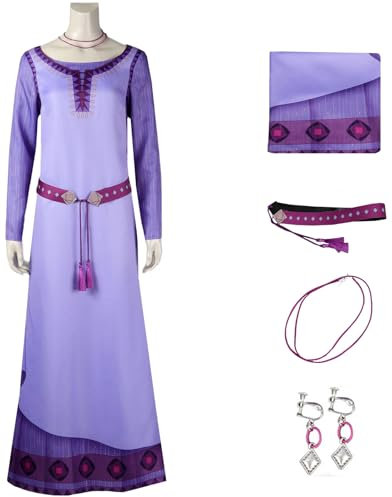 Hallojojo Damen Asha Kostüm Fasching Cosplay Wish Prinzessin Asha Kleid mit Ohrringe Halskette Gürtel für Dress Up Halloween Weihnachten Karneval Party Geburtstag Maskerade Abendkleid Verkleidung