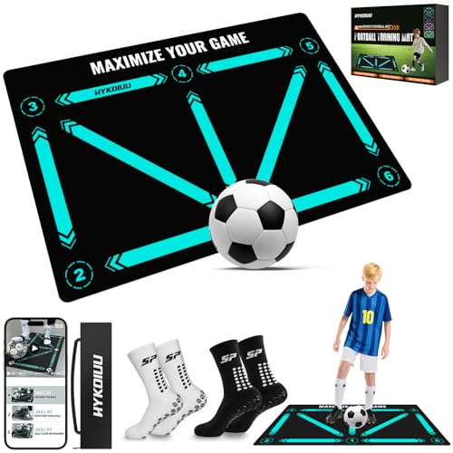 Fussballmatte Training Kinder mit Trainingsvideo zur Ballkontrolle | Fussball Socken Kinder rutschfest im Trainingsset, Trainingsmatte für Technik und Schrittübungen, Geschenk für Jungen