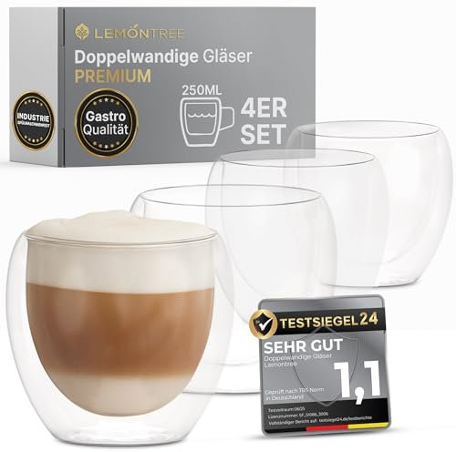 Lemontree Set di 4 tazze da cappuccino da 250 ml, qualità gastronomica, lavabili in lavastoviglie a 180 gradi, resistenti al calore, moderni, bicchieri da caffè a doppia parete