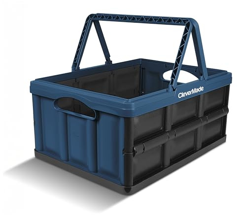 CleverMade Collapsible Shopping Basket 32L – Folding Grocery Basket with Handles, Stackable Reusable Storage Crate with 35 lb Capacity, Recycled Plastic, Car Trunk Organizer - Ocean Blue