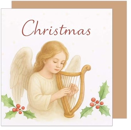 Edition Seidel Premium quadratische Grußkarte zu Weihnachten mit Umschlag. Glückwunschkarte Weihnachtskarte Karte englisch für Frau Mann Merry Christmas Engel mit Harfe nostalgisch (WQ133 SW025)
