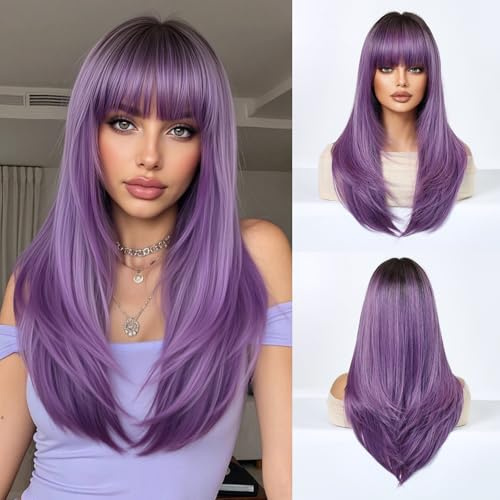 Esmee Long Straight Layered Purple Wig with Bangs for Women- 24IN