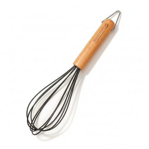 Royalford Silicone Balloon Egg Whisk with Beechwood Handle & Hanging Hook – Non-Scratch, Heat-Resistant Whisk for Cooking & Baking, 26cm