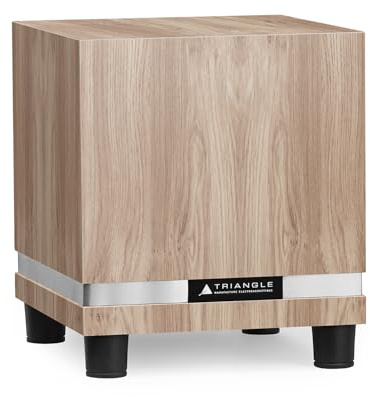 Triangle – Caisson de Basses THETIS 300 avec Amplificateur 150W – Bass Reflex - Haut-Parleur 20cm – Entrées RCA/LFE/Haut Niveau - Télécommande - Musique et Home-Cinéma - 300x340x300 mm - Chêne Clair