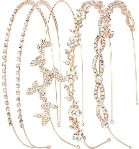 4 Stück Strass-Stirnband, Roségold, Braut-Stirnbänder, elegante Bling-Stirnbänder für Frauen, Kristall-Hochzeits-Haarschmuck für Frauen und Mädchen, Bling für