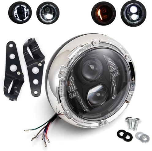 APEBAZY 6,77 Zoll Motorradscheinwerfer Mit Halterung Led Scheinwerfer Motorrad Frontscheinwerfer Runde Motorrad Scheinwerfer E Geprüft Für Cafe Racer, Bobber und Chopper (Art 2)