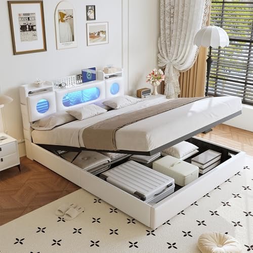 FAAMEPBO Letto Imbottito 160x200 con Contenitore Idraulico, Matrimoniale a LED con Archiviazione e Rete a Doghe, Testiera con Vano Portaoggetti e Ricarica USB Tipo C, PU