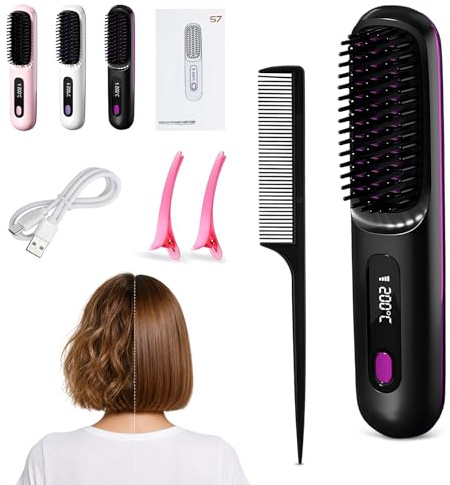 Stylingbürste für Kurze Haare: Glättbürste Kabellos mit LED-Anzeige - 3 Temperaturstufen - 25s Schneller Keramikerwärmung - USB Wiederaufladbar - für Reisen und Täglichen für Damen Mädchen
