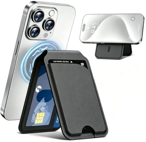 Fealkira Für MagSafe Wallet, Kartenhalter Mit RFID-Blockierung, Magnetische Card Holder Mit Verstellbarem Ständer, Silm Mag Safe Wallet Für iPhone 17/16/15/14/13/12/Pro/Pro Max Serie Schwarz