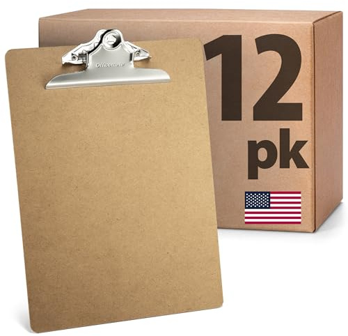 Officemate Recycled Wood Clipboards, Letter Size, 12-Pack with 6″ Rust-Resistant Clips, Durable Hardboard Writing Surface, Made in USA, 9 x 12.5 (83712)