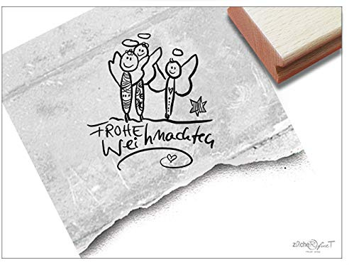 Stempel Weihnachtsstempel FROHE WEIHNACHTEN mit Engeln - Textstempel Karten Geschenkanhänger Deko Geschenk - zAcheR-fineT (klein ca. 46 x 49 mm)