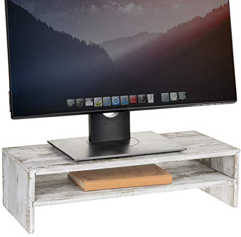 MyGift Shabby Whitewashed Solid Wood Computer Monitor and Laptop Riser Stand for Desk, 2 Tier Office Desktop Storage Shelf