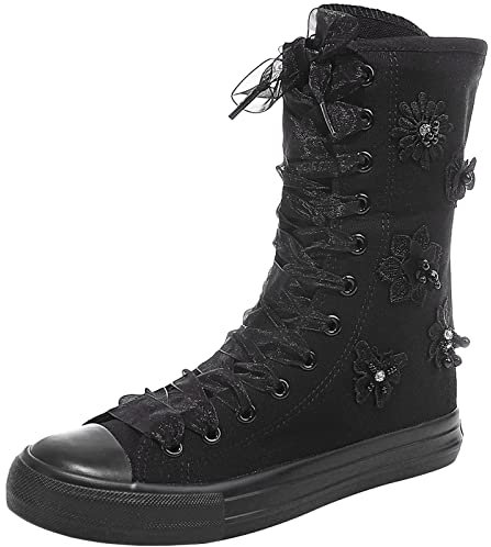 rismart Mujer Botas Lona Media pierna Animadora Cuentas Flor Cordones Zapatos de Deporte(Negro(flor cuentas2),38.5 EU)