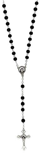 Eurofusioni Rosario religioso católico Mujer y Hombre - Collar de Cuentas Vidrio Negro y Cruz Plateada