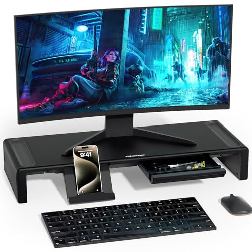 OImaster Support de moniteur pliable pour ordinateur, hauteur réglable, tiroir de rangement et fente pour stylo, support de téléphone avec ordinateur, bureau, ordinateur portable, économise de